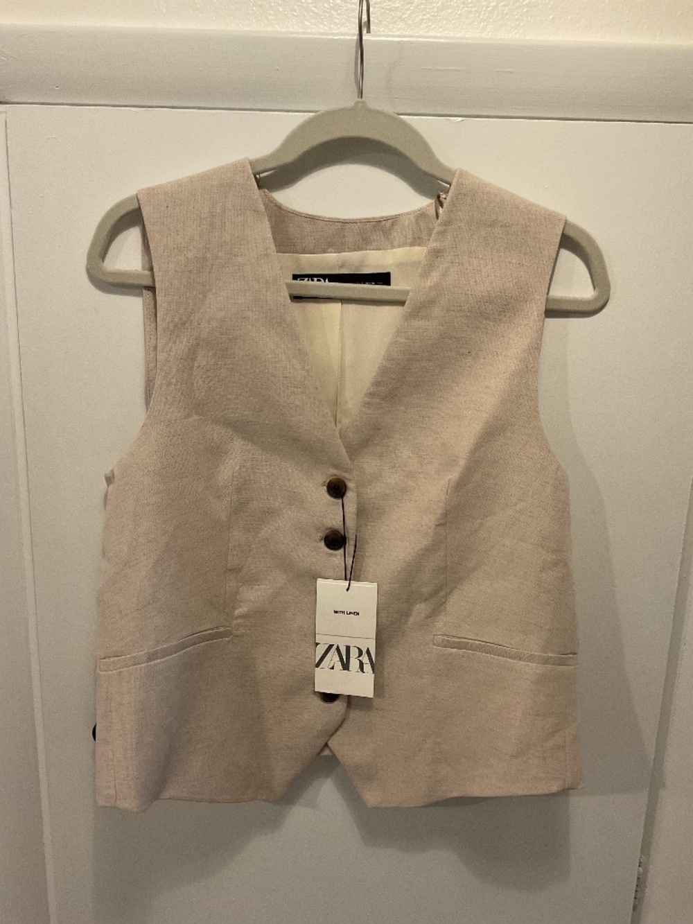Zara Linen Vest, Light Taupe, Size Small